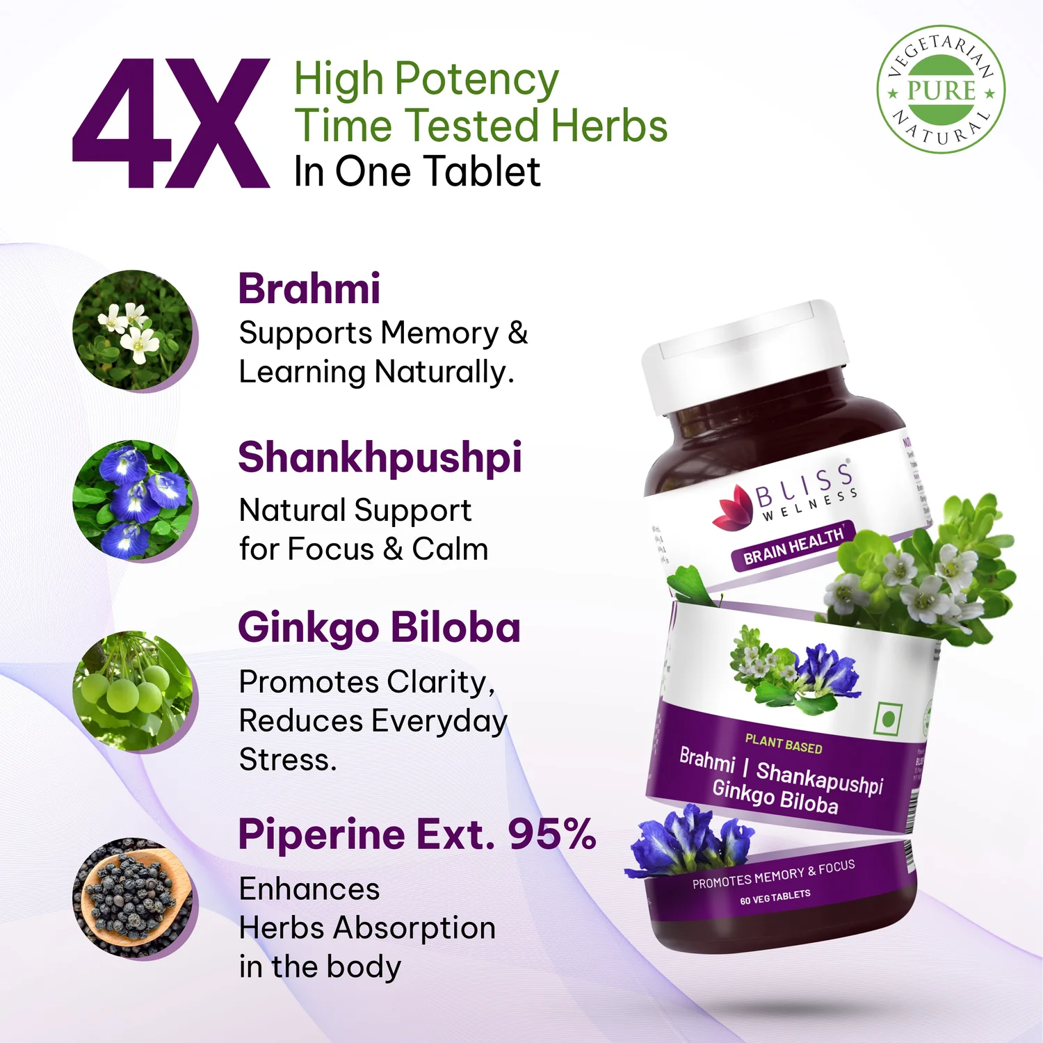 Bliss Welness Brahmi + Shankapushpi + Gingko Bilboa Capsules